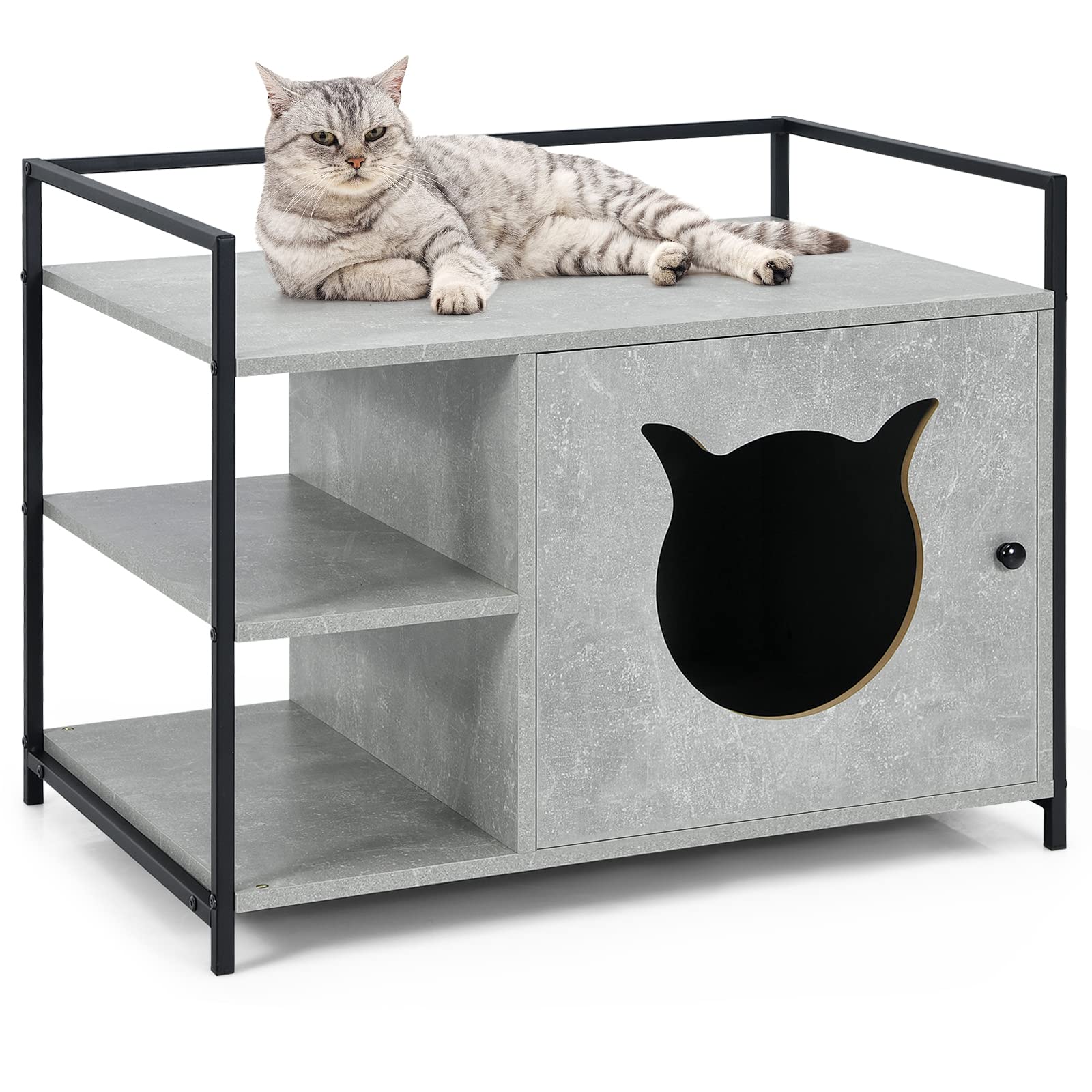 Tangkula Cat Litter Box Enclosure 2 in 1 Hidden Washroom & Nightstand With 2 Tier Storage Shelf